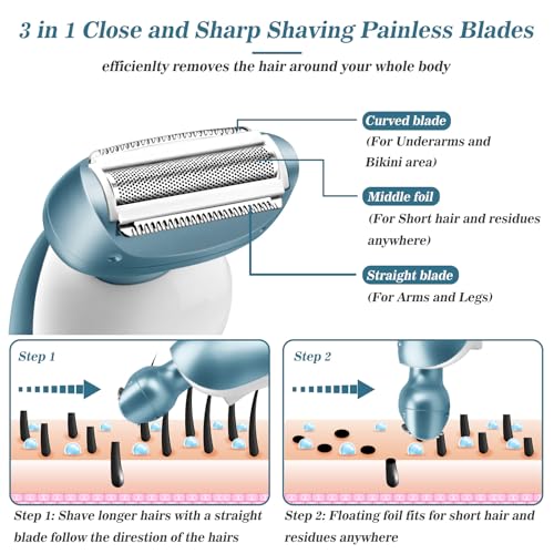 Electric Razors for Women for Legs Bikini Trimmer Electric Shaver for Women Underarm Public Hairs Rechargeable Womens Shaver Wet Dry Use Painless Cordless with Detachable Head (Blue)