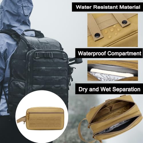 Khaki Tactical Toiletry Bag for Men – MOLLE Dopp Kit with Wet/Dry Separation