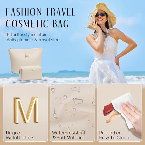 CLOUDWINGS Personalized Initial Travel Makeup Bag - Beige, Medium