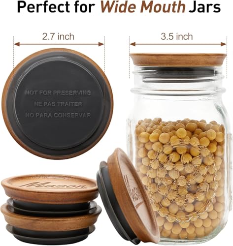 4 Pack Wide Mouth Mason Jar Lids - Acacia Wood with Silicone Seal