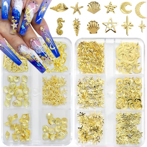 Gold Star Ocean Nail Charms - 2 Boxes of 12 Shapes for DIY Art