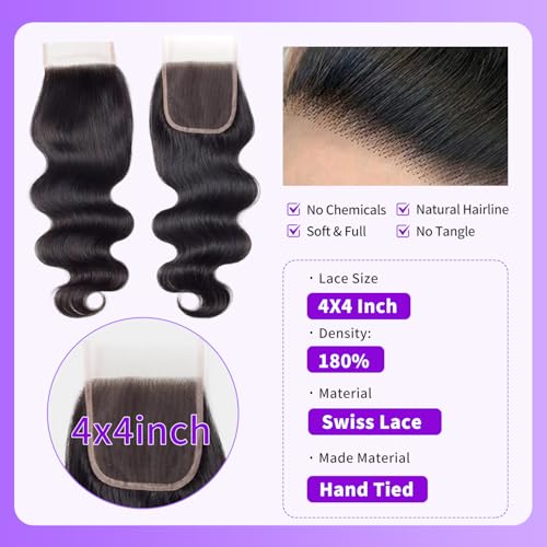 Body Wave Bundles with Closure Human Hair 18 20 22 24 + 16 Inch Brazilian Human Hair 3 Bundles with 4x4 HD Lace Closure Part 12A Grade 100% Unprocessed Virgin Hair