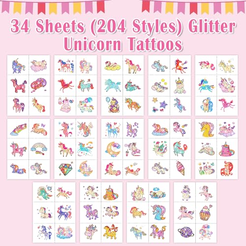 Partywind Glitter Temporary Tattoos for Kids - 204 Styles, Safe & Easy to Apply, Party Favors & Kids Decor