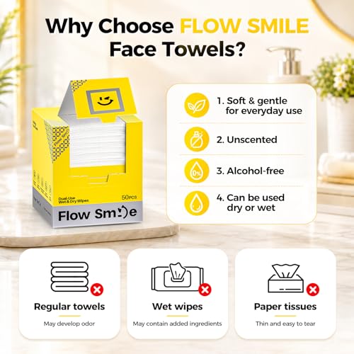 FLOW SMILE Disposable Face Towels 50 Pack - Extra Thick, Soft, Gentle for Sensitive Skin