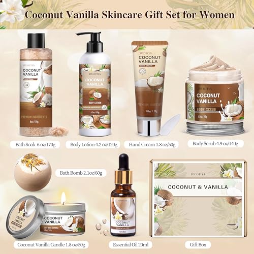 LUCOTIYA Yellow Coconut Vanilla Spa Gift Basket - Self Care Set for Women