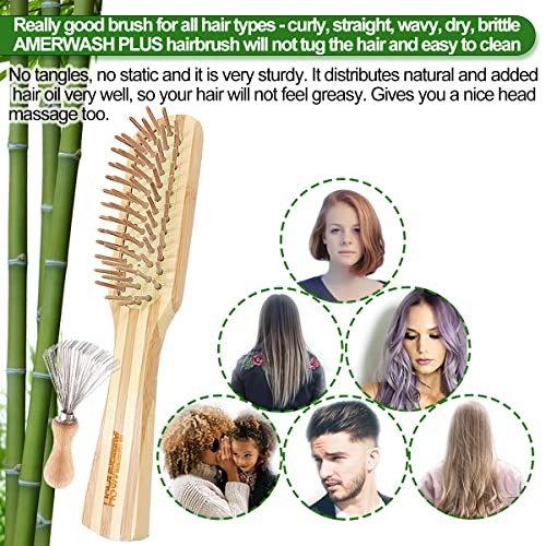 AMERWASH PLUS Bamboo Hair Brush with Cleaning Tool Set, Small Paddle Detangling Brush for Women & Men, Helps Hair Growth & Shine