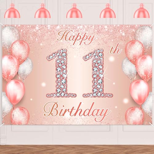 11th Birthday Rose Gold Banner - Pink Party Decor & Backdrop