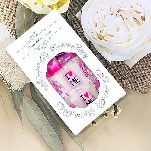 Press On Nails Duck Shaped Full Cover Acrylic Fake Nails with Charms & Designs - Medium, Glittery, for Women & Girls, Variation: Heart Bow Rhinestone & Letter