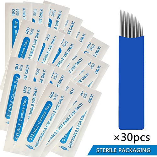KAIQIKAIXI 30Pcs Disposable Eyebrow Microblading Needles 18 Needle Set for Single Use Blue