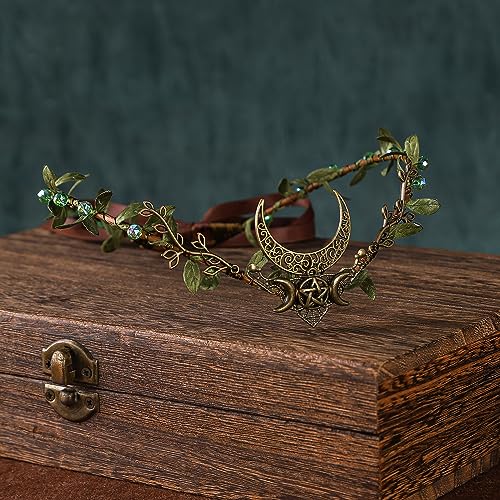 MOSTORY Green Rhinestone Elf Moon Crown - Woodland Fairy Tiara for Cosplay & Medieval Costumes