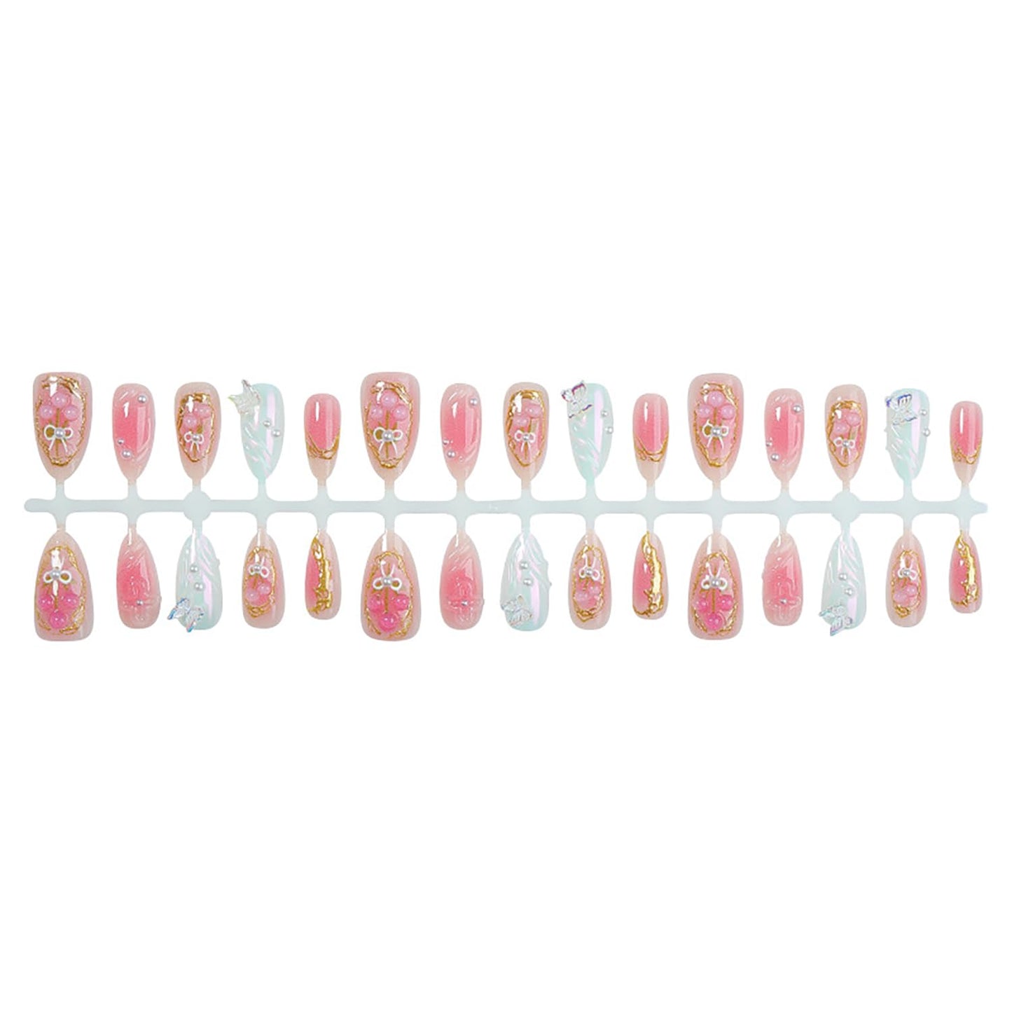Flower Press-On Nails - 30Pcs Medium Almond Acrylic with Butterfly Pearl Designs | Spring Floral 3D Art