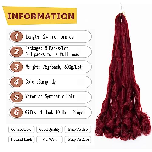 24 Inch Burgundy French Braiding Hair - 8 Packs Loose Wave Spiral Crochet