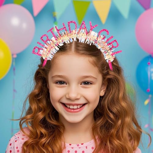 Jaciya Birthday Girl Headband with Glitter Letters & Tinsel