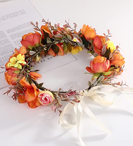 Orange Floral Crown Bridal Headband - Adjustable Boho Flower Wreath