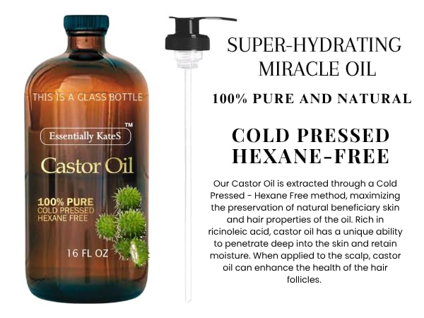 Castor Oil 16 Fl Oz - 100% Pure & Natural, Cold Pressed | Glass Bottle with Pump for Hair & Body