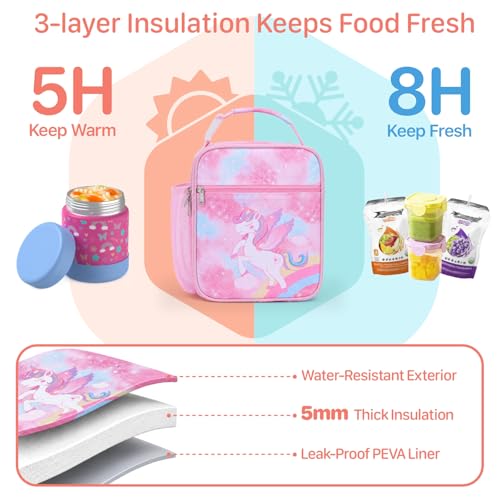 Insulated Kids Lunch Bag - Pink Unicorn Lunch Box for School