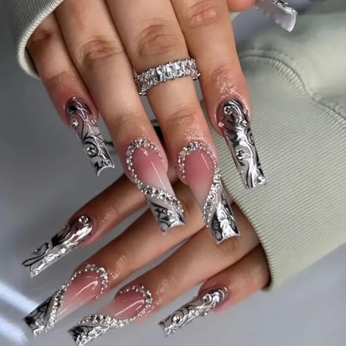 Black Silver French Tip Fake Nails with Heart Design - Reusable Square Press-On, 24 Pcs