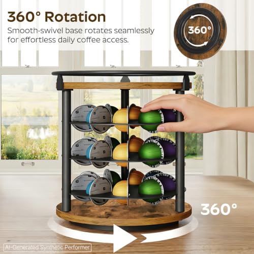 360° Rotating Coffee Pod Holder for K Cup & Nespresso Pods - Rustic Brown