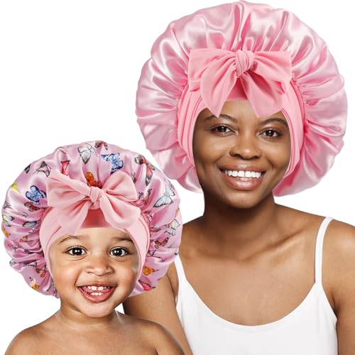 COCPOK 2-Pack Satin Sleep Bonnet Set - Adjustable Hair Cap for Kids & Women