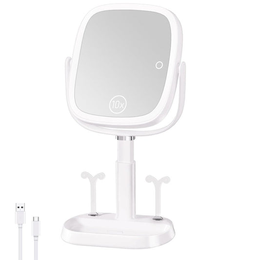 FRANO Vanity Mirror with Lights, Rectangular Lighted Makeup Mirror with 3 Color Lights, 1X/10X Magnification, Adjustable Height, 360° Rotation, 4000mAh Rechargeable for Desk, Gifts for Women