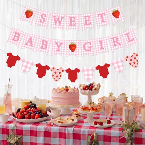 Strawberry Baby Shower Banner Set - 3 Pink Gingham Decorations