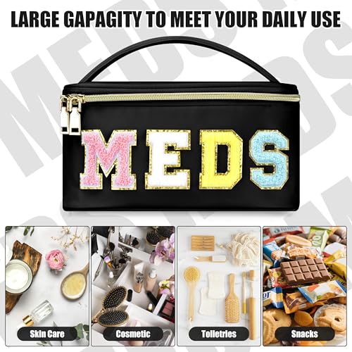 BuyCard Black Nylon Meds Cosmetic Pouch with Chenille 'MEDS' Letters Preppy Bag with Zipper & Handle