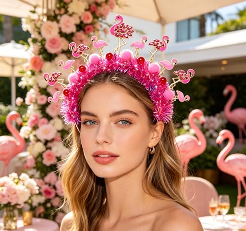 Flamingo Headband with Rhinestones, Tinsel & Pom-Poms for Parties
