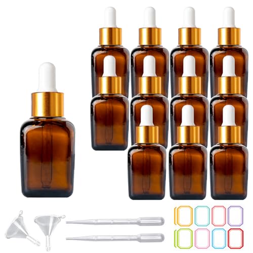 PYAWI 30ml Amber Square Dropper Bottles Pack of 12 with Gold Cap