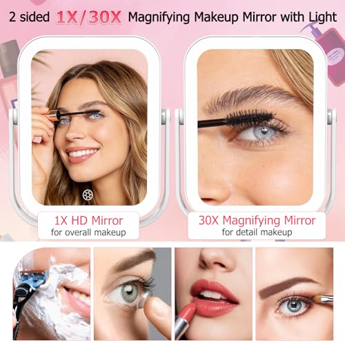 FUNTOUCH 30X/1X LED Travel Makeup Mirror, Rechargeable Lighted Mirror