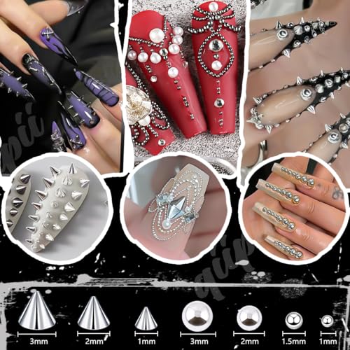qiipii 3D Mini Metal Punk Spike Nail Charms - Silver Alloy Studs