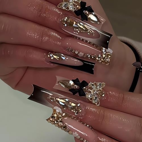 LPOODDNU Design1 Long Square French Tip Press-On Nails with 3D Butterfly & Rhinestones – Reusable Fake Nails for Women