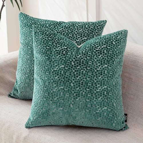 FIFU 18x18 Inch Teal Green Jacquard Velvet Throw Pillow Covers - Set of 2