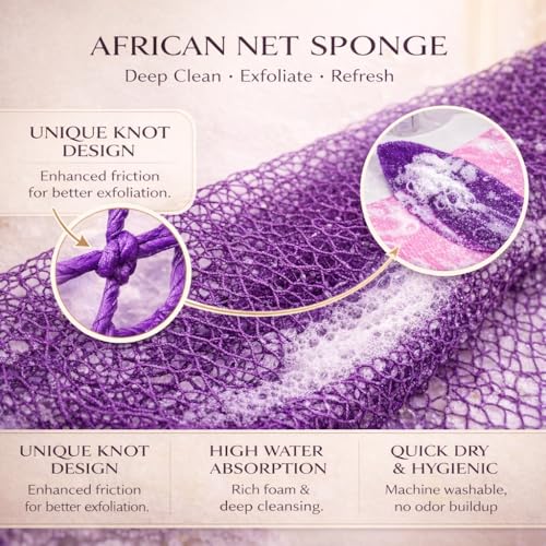 African Net Sponge 4-Pack, Exfoliating Bath Washcloth for Body & Back