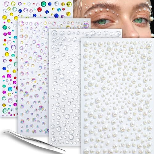 Self-Adhesive Face Gems 4 Sheets for Makeup & Body Art - Tiebblove