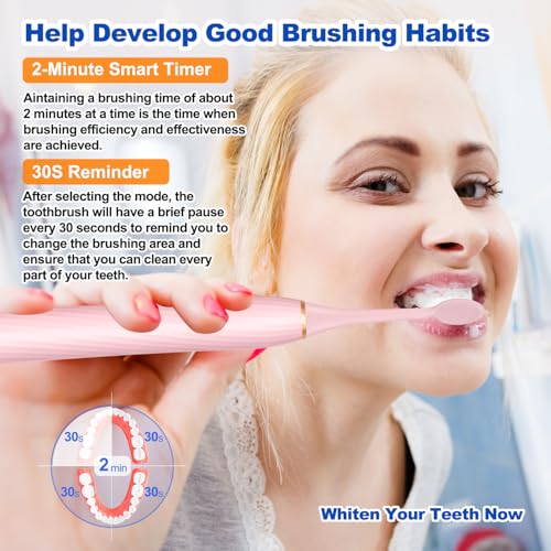 FXQQZZ Electric Toothbrush for Adults and Kids - Rose, 8 Brush Heads & Tongue Scraper