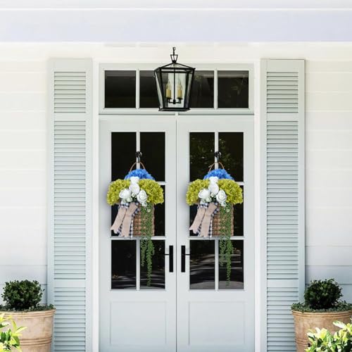 23.6-Inch Blue & Green Hydrangea Basket Wreath for Front Door