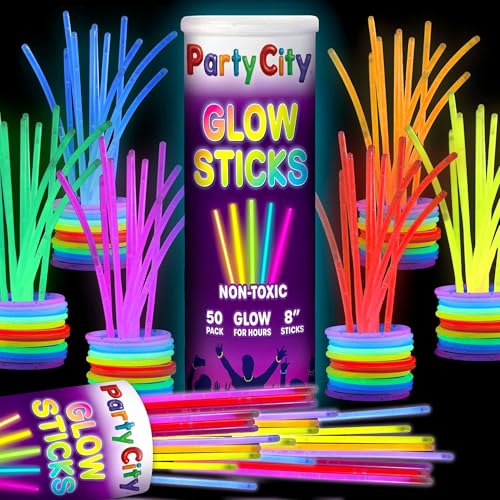 Party City 50 Glow Sticks Bulk Pack – 8” Neon Glow Party Supplies