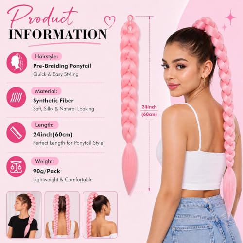 FancyCow 24-Inch Pink Braided Ponytail Extension for Kids & Cosplay