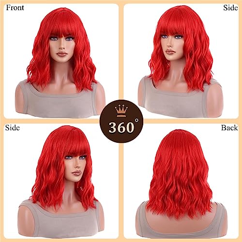 ANESHE Red Short Curly Wig with Bangs for Women - Wavy Bob Style, Shoulder Length, Heat-Resistant Synthetic Fiber, Daily & Party Use