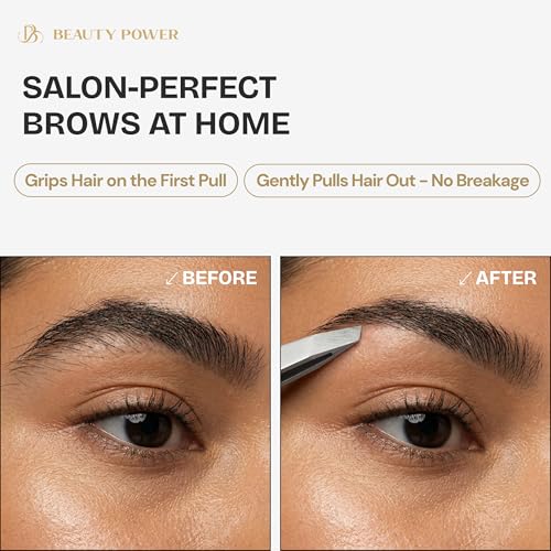 Beauty Power Professional Tweezers Set ? Slant & Point, Ultra Precision German Stainless Steel Tweezers for Eyebrows, Chin, Ingrown Hair & Facial Grooming ? Lightweight with Case - Gift Idea - Gray