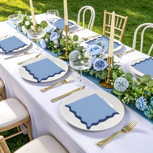 80 Pcs Blue Scalloped Cocktail Napkins - 6.5'' Wavy Edge Design for Parties