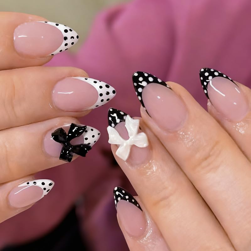 Tnampv Style 3 Medium Almond French Tip Press On Nails with Polka Dots - Black & White, Glossy Full Cover Fake Nails for Women, 24pcs