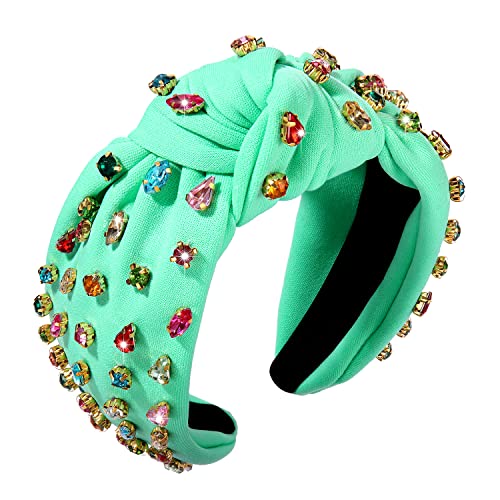 NVENF A-Green Rhinestone Knotted Headband for Women Summer Hair Accessories