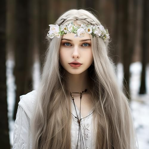 White Flower Crown Rose Floral Headband for Weddings and Parties - Adjustable Headpiece