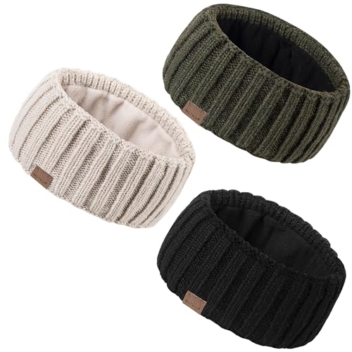 MUTKIS Winter Headbands for Women 3 Pack Black Beige Army Warm Wool Knit Ear Warmers
