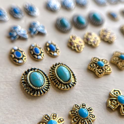 20Pcs Western Nail Charms Retro Metal Turquoise Art Rhinestones 3D