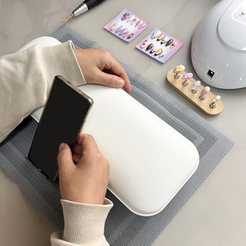 Foldable Manicure Arm Rest with Phone Holder & Table Mat - White PU Leather
