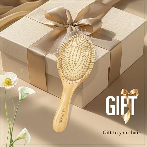 GAVIVOL Bamboo Paddle Hair Brush with Steel Bristles for All Hair Types