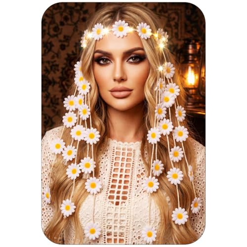 CAKURE White Boho Daisy Headband Light Up Flower Hair Accessory for Women