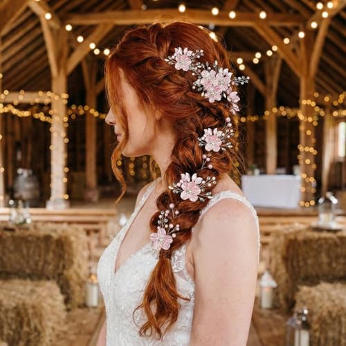 Pink 5 Pack Large Flower Bridal Hair Pins with Crystal Pearls – Wedding Clips Set